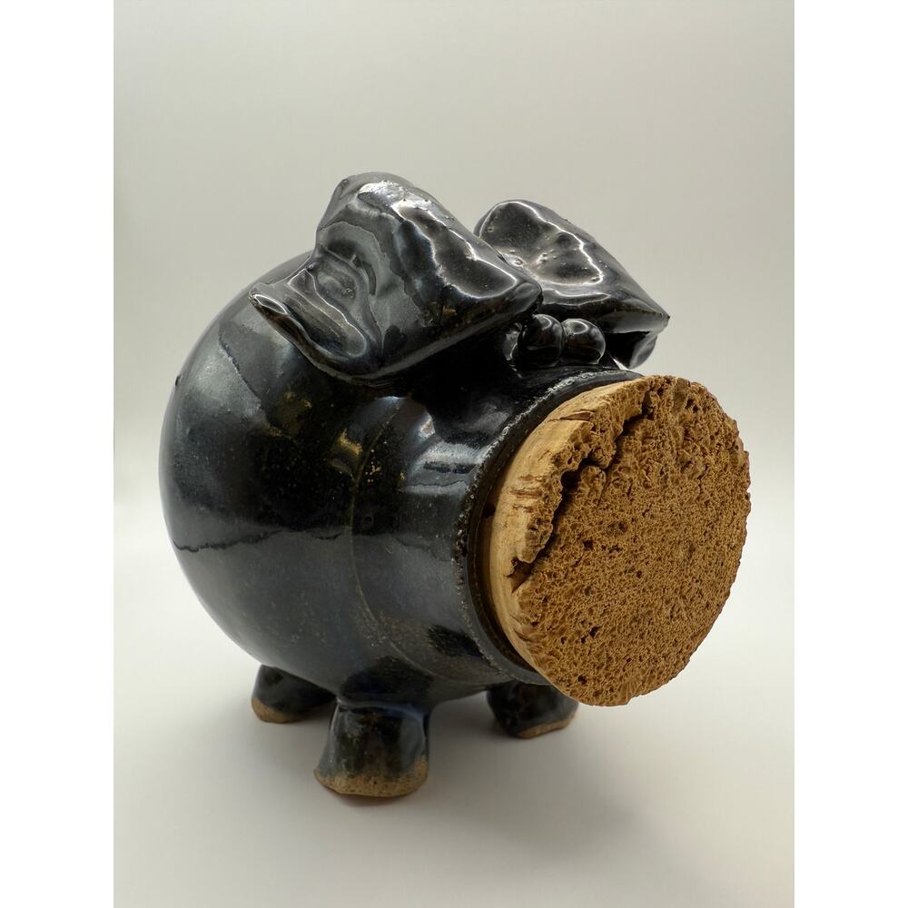 Vtg Studio Pottery Piggy Black with Cork Nursery Children Decor